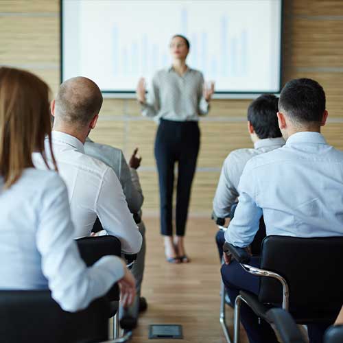 A woman standing in front of a whiteboard during a business consulting team training